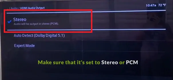 Xfinity Stereo audio output setting