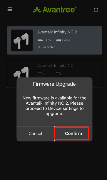 Firmware update screen in the Avantree Avantalk App