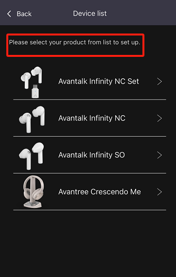 Select the correct Avantree model in the App