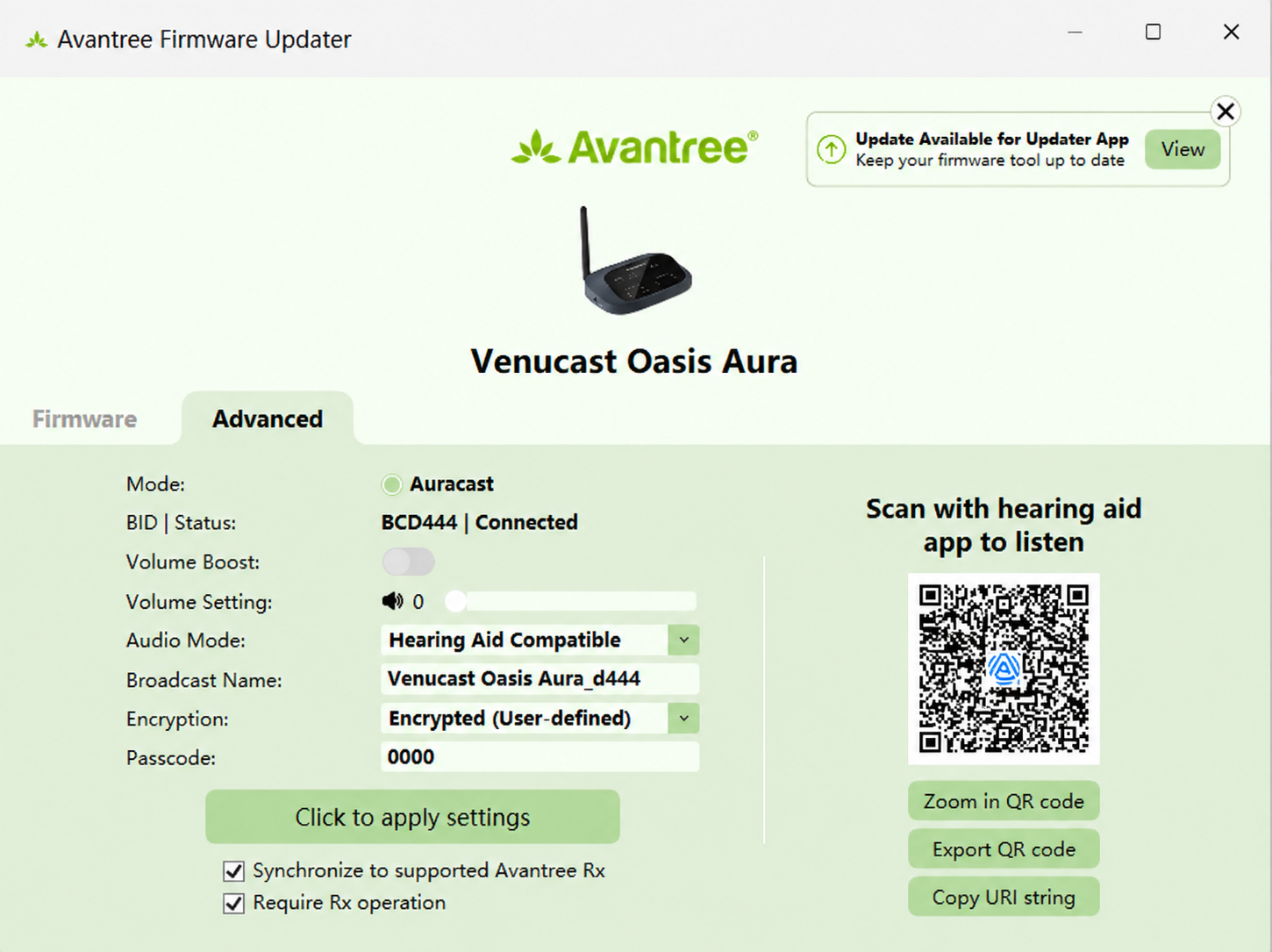 QR code displayed on the Advanced page of the Avantree Firmware Updater