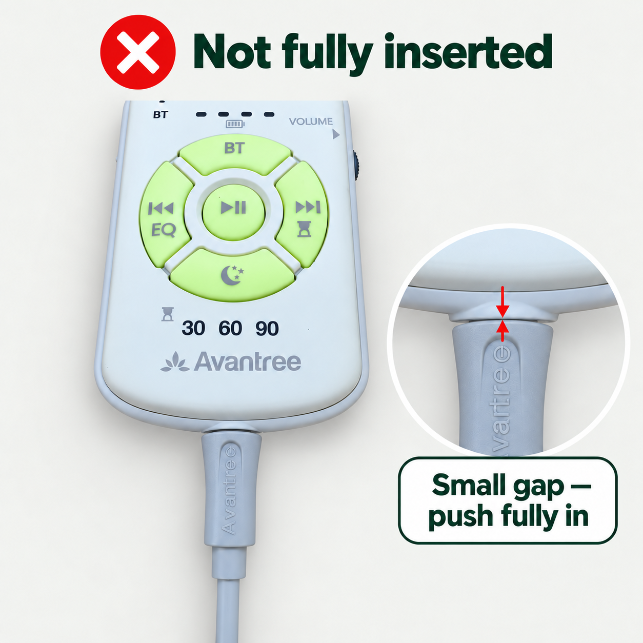 Incorrect: Slumber 2 speaker plug not fully inserted; red arrows highlight the small remaining gap.