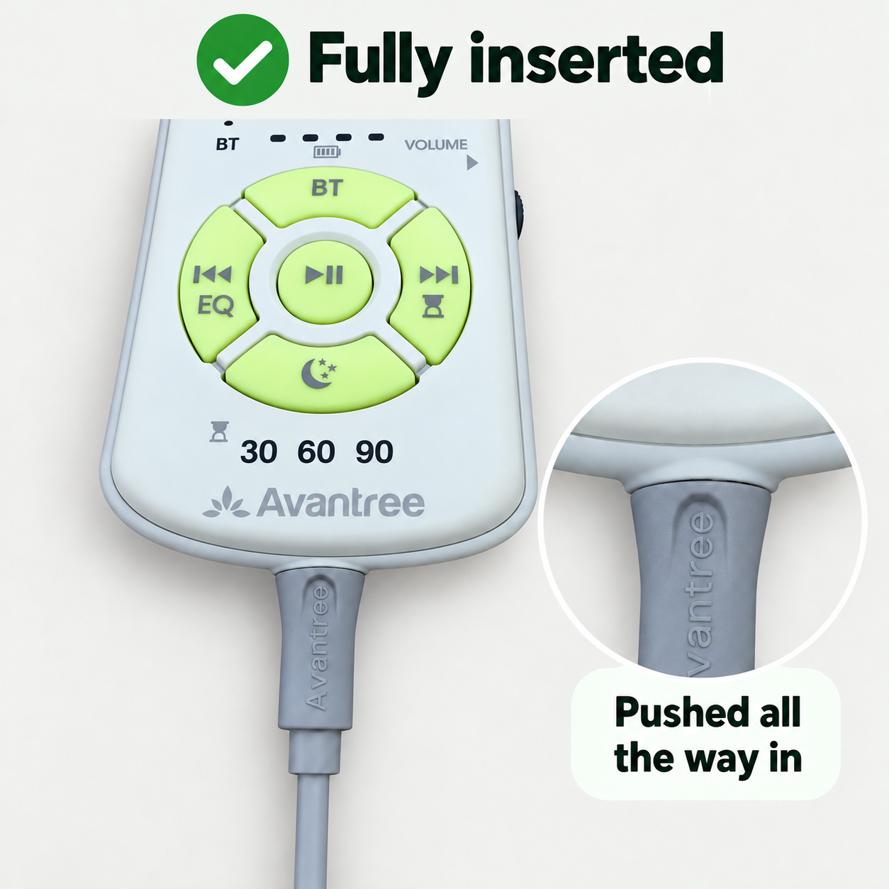 Correct: Slumber 2 speaker plug fully inserted into the remote, with a close-up of the connection.
