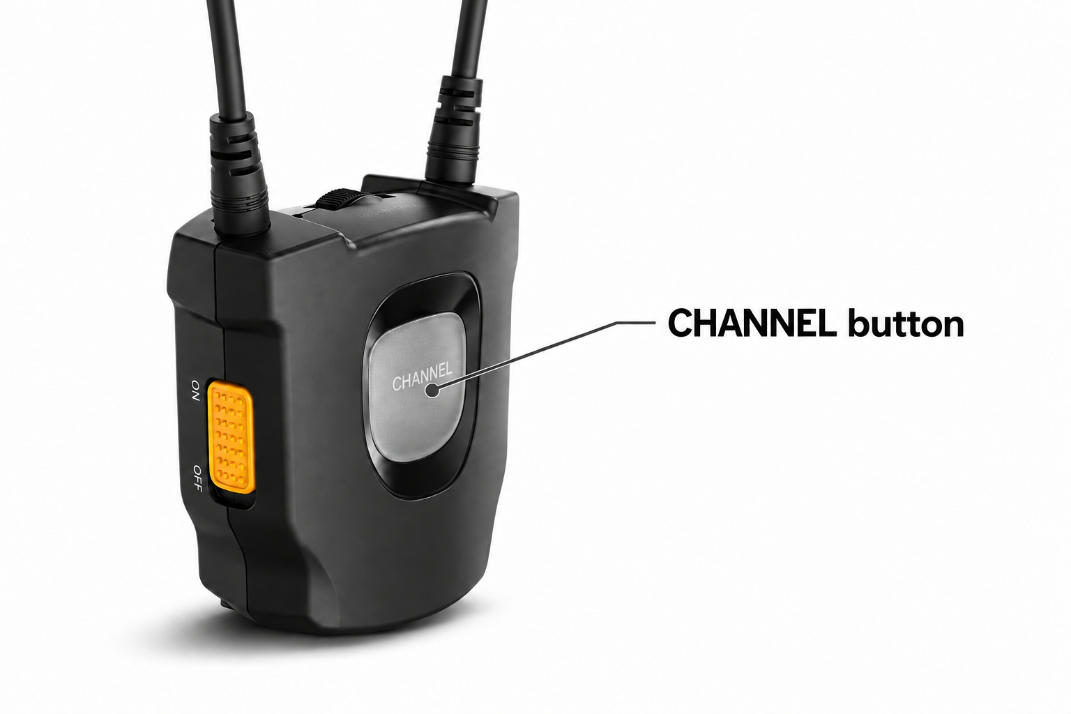 AuraCoil with a pointer identifying the CHANNEL button.